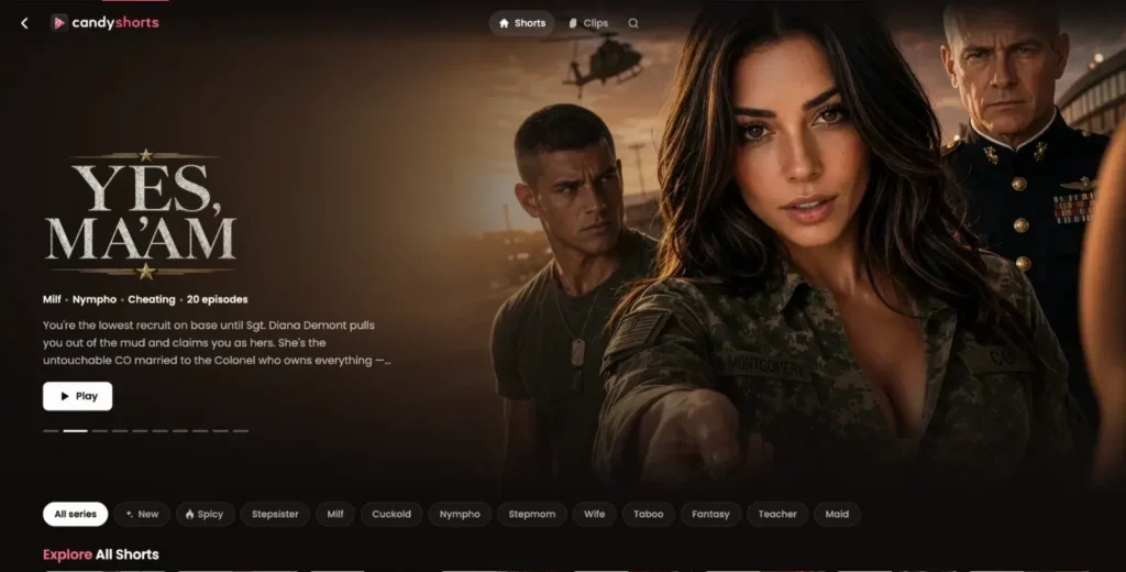 Candy Shorts catalogue on candy.ai with the Yes Ma'am series and the genre filters